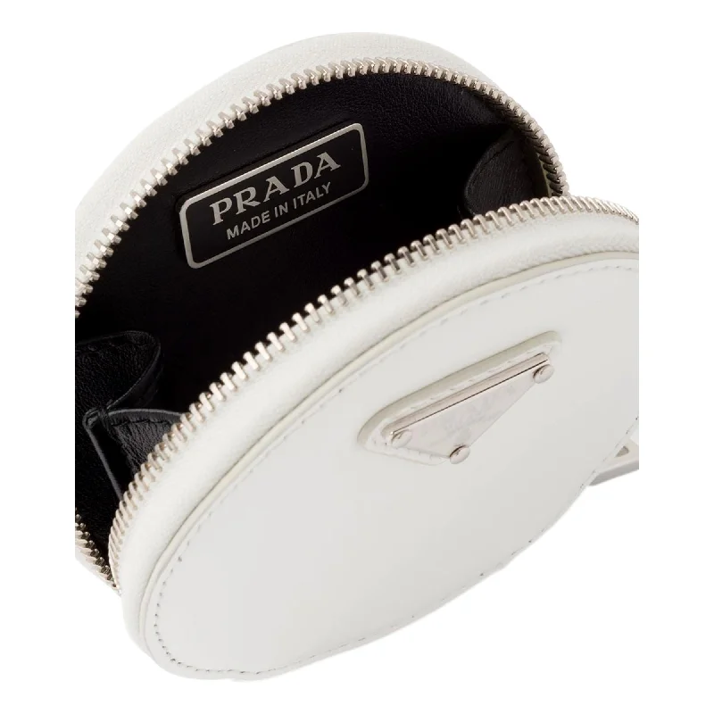 Prada nylon backpacks with a padded laptop compartment for travel and studyPrada nylon backpacks with a padded laptop compartment for travel and studyPrada Triangle Plaque Smooth White Leather Round Mini Pouch Keychain