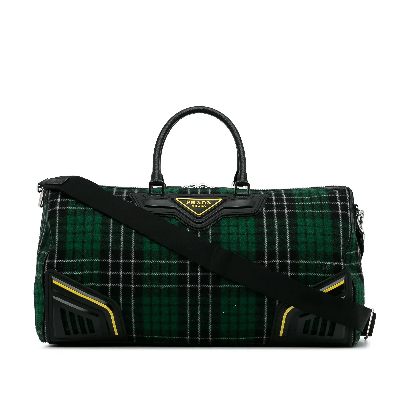 Prada handbags with a metal - framed clasp for durability and stylePrada handbags with a metal - framed clasp for durability and stylePrada Tartan Travel Bag Green Checkered Wool