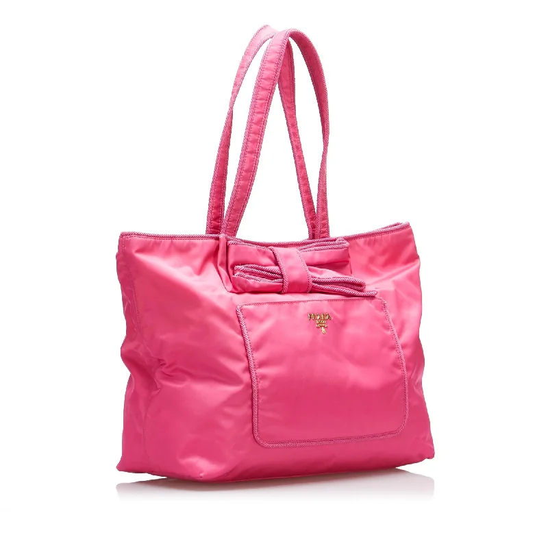 Prada handbags with a patent - leather finish for a shiny and sophisticated appearancePrada handbags with a patent - leather finish for a shiny and sophisticated appearancePrada Tessuto Bow Tote (SHG-7HI0d8)