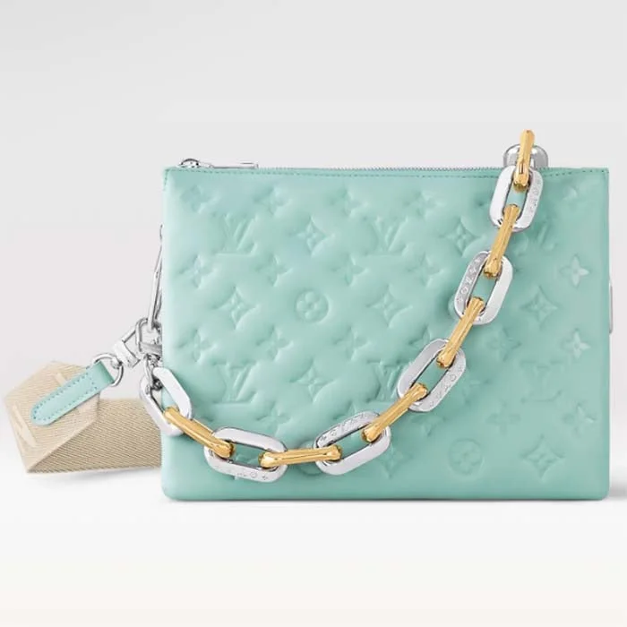 Women Gucci bags with a zippered interior pocketLouis Vuitton LV Women Coussin PM Handbag Azure Blue Lambskin Calfskin