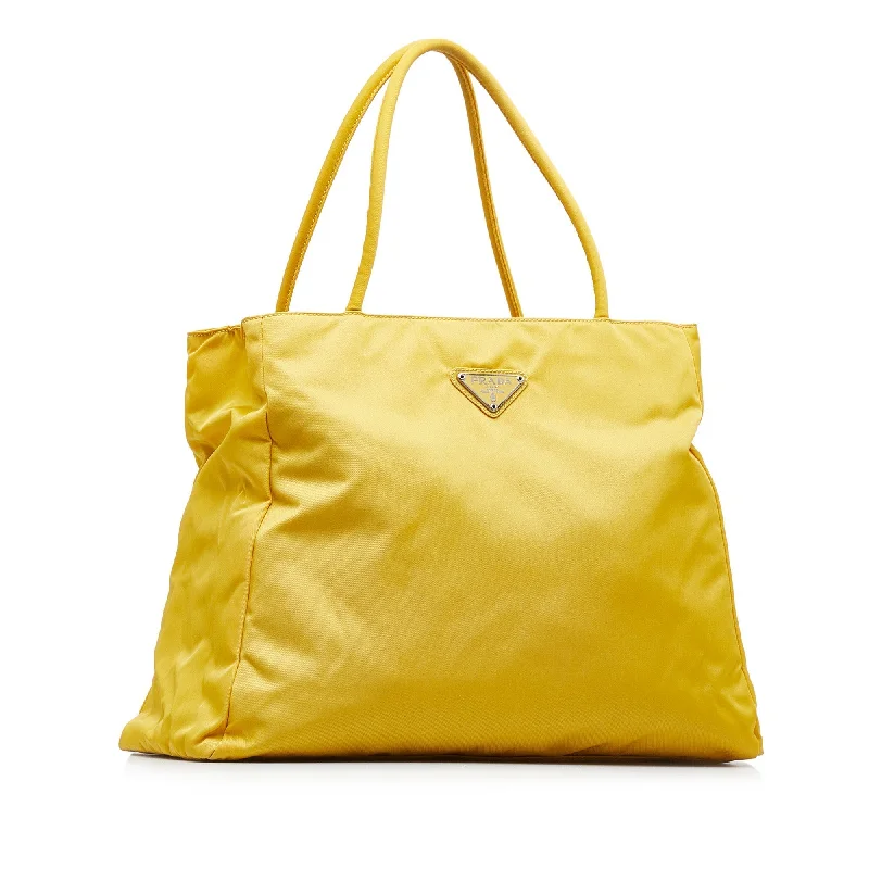 Prada Cleo bags with a crystal - embellished logo for added luxuryPrada Cleo bags with a crystal - embellished logo for added luxuryPrada Tessuto Tote Yellow Nylon Canvas