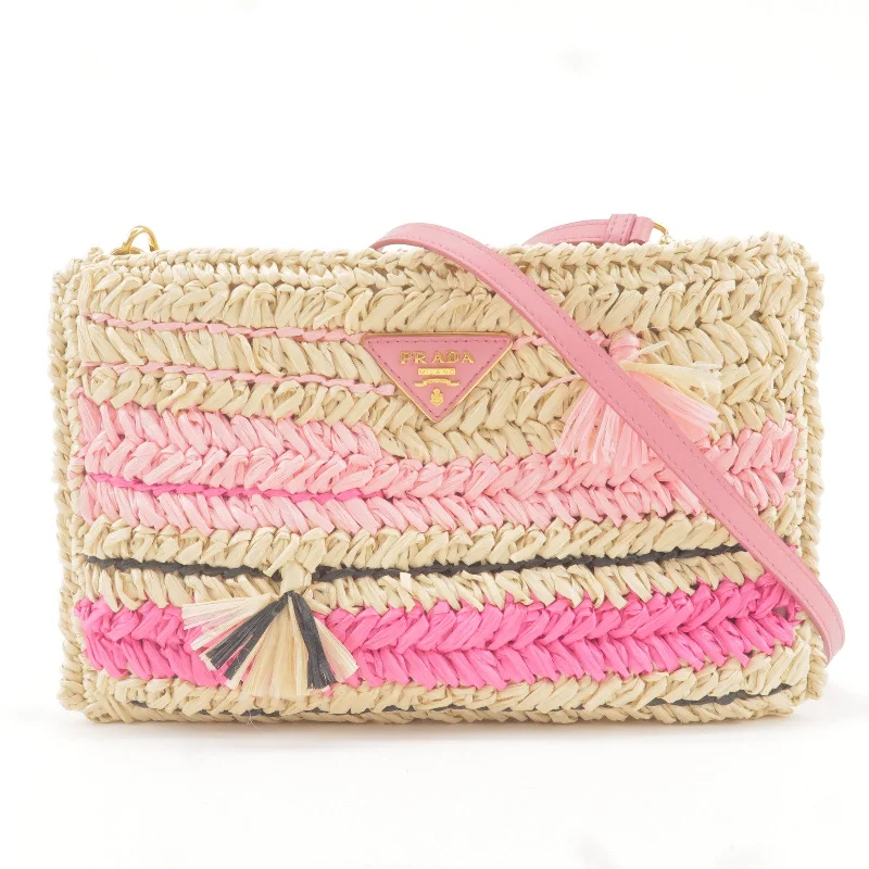 Medium - sized Prada tote bags in classic black for everyday versatilityMedium - sized Prada tote bags in classic black for everyday versatilityPrada Raffia Tricot Leather Shoulder Bag Beige Pink 1BF071