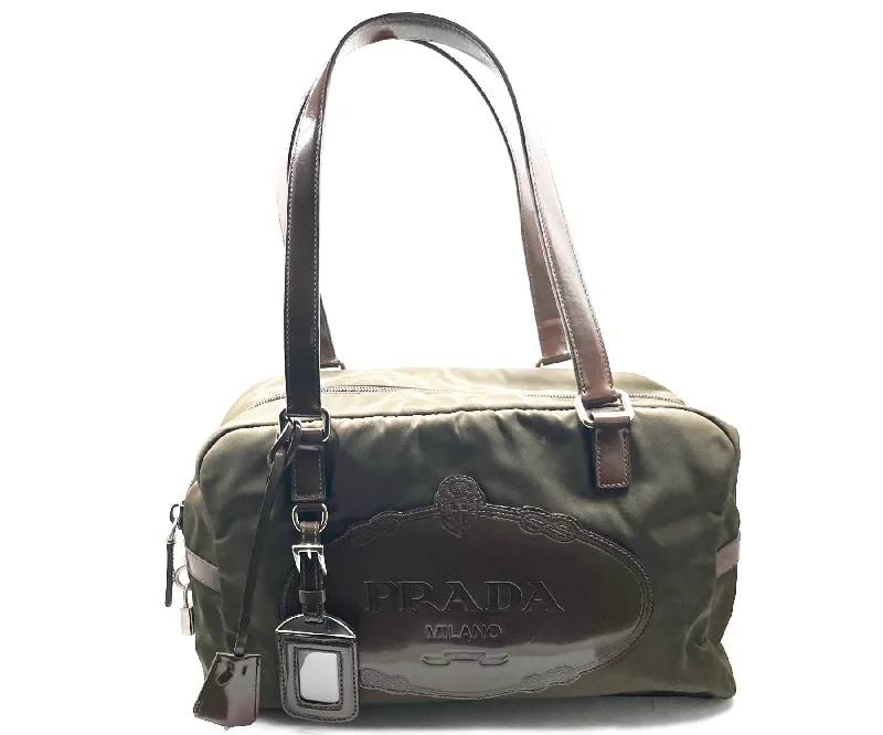 Ladies Prada shoulder bags with a magnetic - closure flap for easy opening and closingLadies Prada shoulder bags with a magnetic - closure flap for easy opening and closingPRADA Dark Olive Leather Nylon Boston Bowling Bag