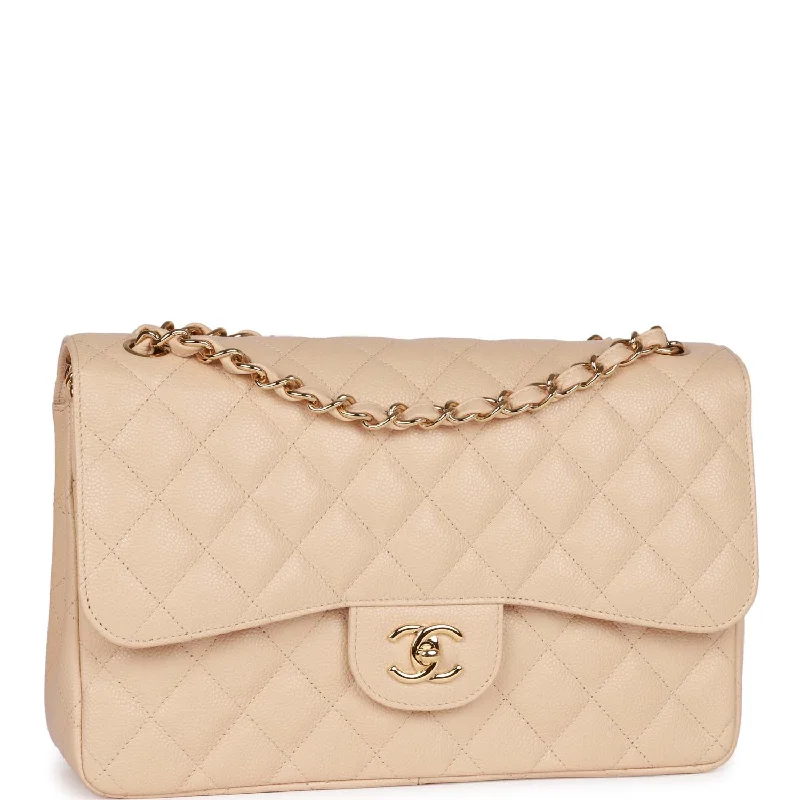 Chanel bags with modern touchesChanel bags with modern touchesPre-owned Chanel Jumbo Classic Double Flap Bag Beige Caviar Gold Hardware