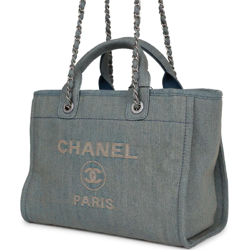 Chanel bags for women who appreciate fine craftsmanshipChanel bags for women who appreciate fine craftsmanshipChanel Small Deauville Shopping Bag Distressed Blue Denim Aged Silver Hardware