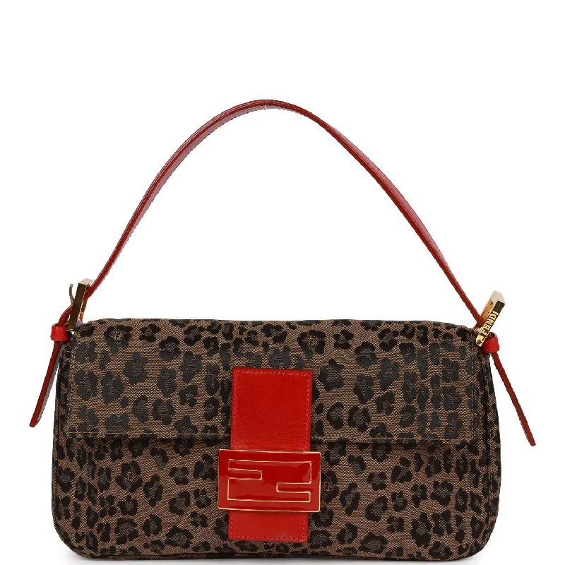 Fendi bags with a detachable makeup pouch inside for beauty - conscious usersVintage Fendi Leopard Baguette Bag Red Leather Gold Hardware