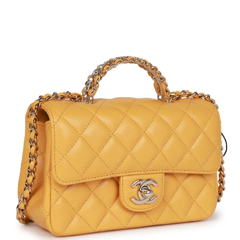 Chanel Handbag with Adjustable Strap for ComfortChanel Handbag with Adjustable Strap for ComfortChanel Mini Rectangular Flap with Jeweled Top Handle Yellow Lambskin Light Gold Hardware