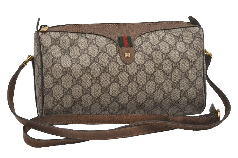 Women Gucci Sylvie bags with a detachable ribbon detailAuthentic GUCCI Web Sherry Line Shoulder Cross Bag GG PVC Leather Brown 6946I