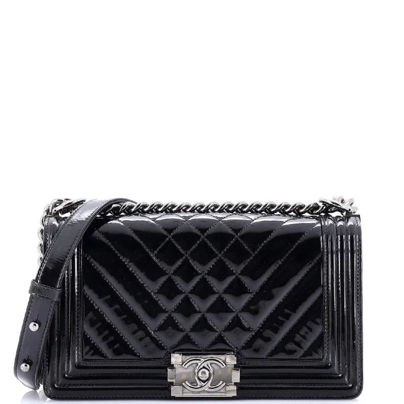 Chanel Black Handbag for Business MeetingsBoy Flap Bag Chevron Patent Old Medium