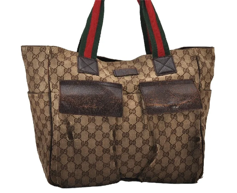 Women Gucci tote bags in GG Supreme canvas for a branded feelAuthentic GUCCI Web Sherry Line Tote Bag GG Canvas Leather 161836 Brown 6897I