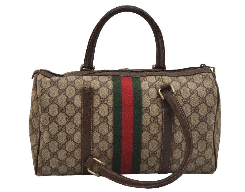 Women Gucci Sylvie bags with a monogram - embossed leatherAuthentic GUCCI Web Sherry Line Hand Boston Bag GG PVC Leather Brown Junk 4862J