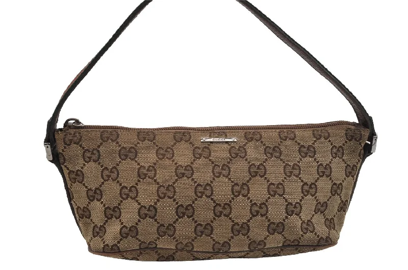 Women Gucci bags with a snap - button closure and a decorative charmAuth GUCCI Web Sherry Line Hand Bag Pouch GG Canvas Leather 141809 Brown 6819I