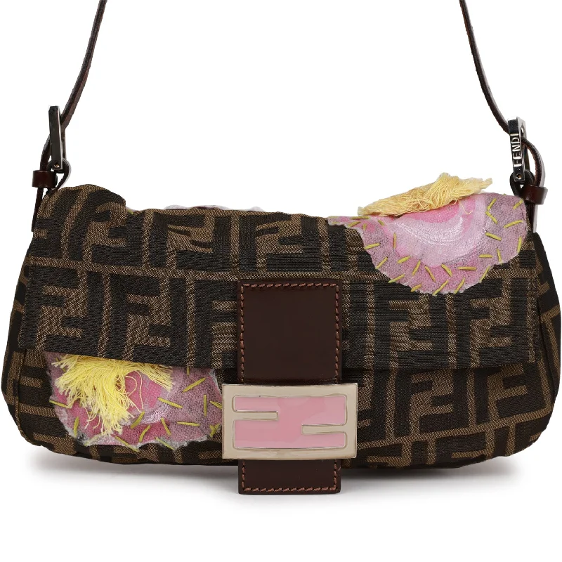 Fendi crossbody bags with a convertible strap that can be worn multiple waysVintage Fendi Baguette Bag Brown Flower Applique Silver Hardware