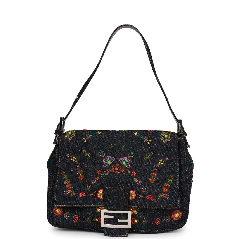 Fendi handbags with a holographic FF logo for a futuristic and trendy lookVintage Fendi Mamma Baguette Bag Ricami Denim Floral Beaded Silver Hardware