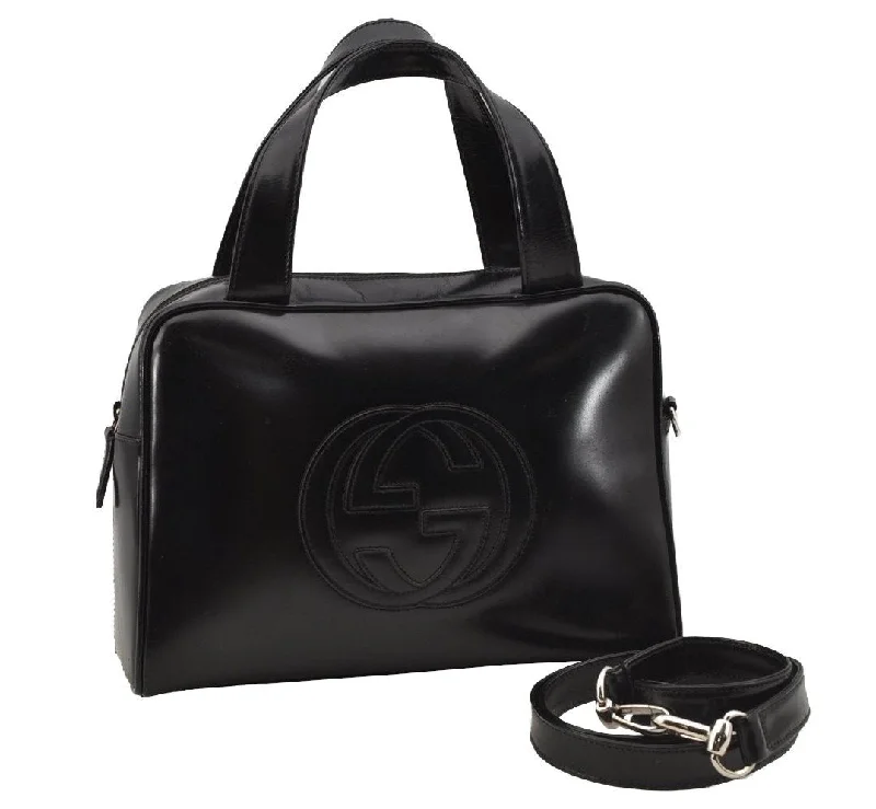 Women Gucci crossbody bags with a keychain holderAuthentic GUCCI Interlocking G 2Way Hand Bag Purse Enamel Black Junk 6853I