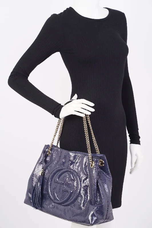 Ladies Gucci shoulder bags with a wide - width strapGucci Soho Disco Bag Blue Patent Leather Tote