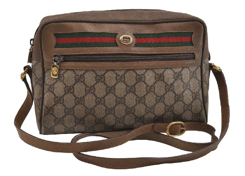 Women Gucci crossbody bags with a woven leather strapAuthentic GUCCI Web Sherry Line Shoulder Cross Bag GG PVC Leather Brown 6705I