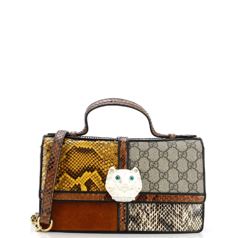 Women Gucci bags with a front - zip pocket for small itemsFeline Face Top Handle Bag GG Coated Canvas and Python Small