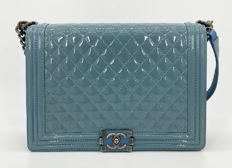 Chanel bags with intricate metal hardwareChanel bags with intricate metal hardwareChanel Light Blue Patent Large Boy Bag