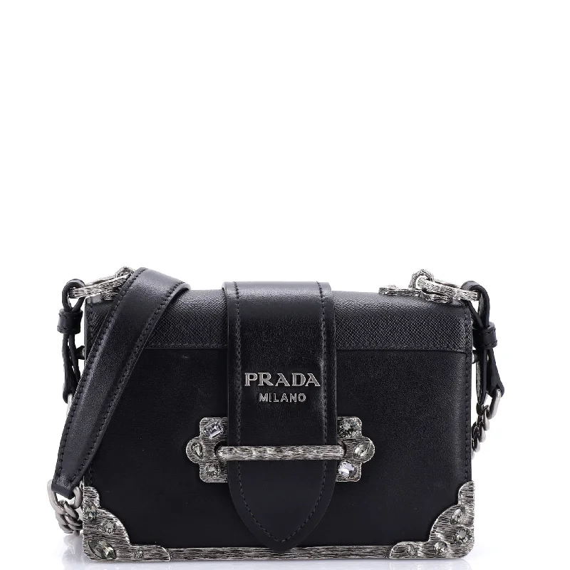 Prada Cleo bags with a curved shape and a chain - link shoulder strapCahier Chain Crossbody Bag City Calf and Saffiano Small