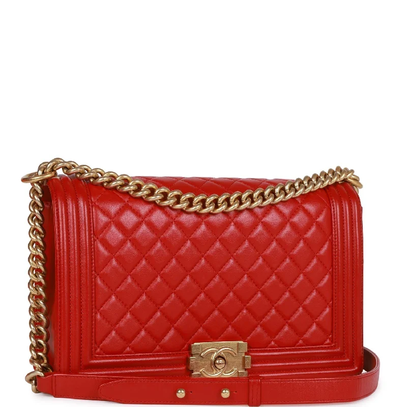 Chanel bags with exclusive seasonal designs and materialsChanel bags with exclusive seasonal designs and materialsPre-owned Chanel New Medium Boy Bag Red Lambskin Antique Gold Hardware