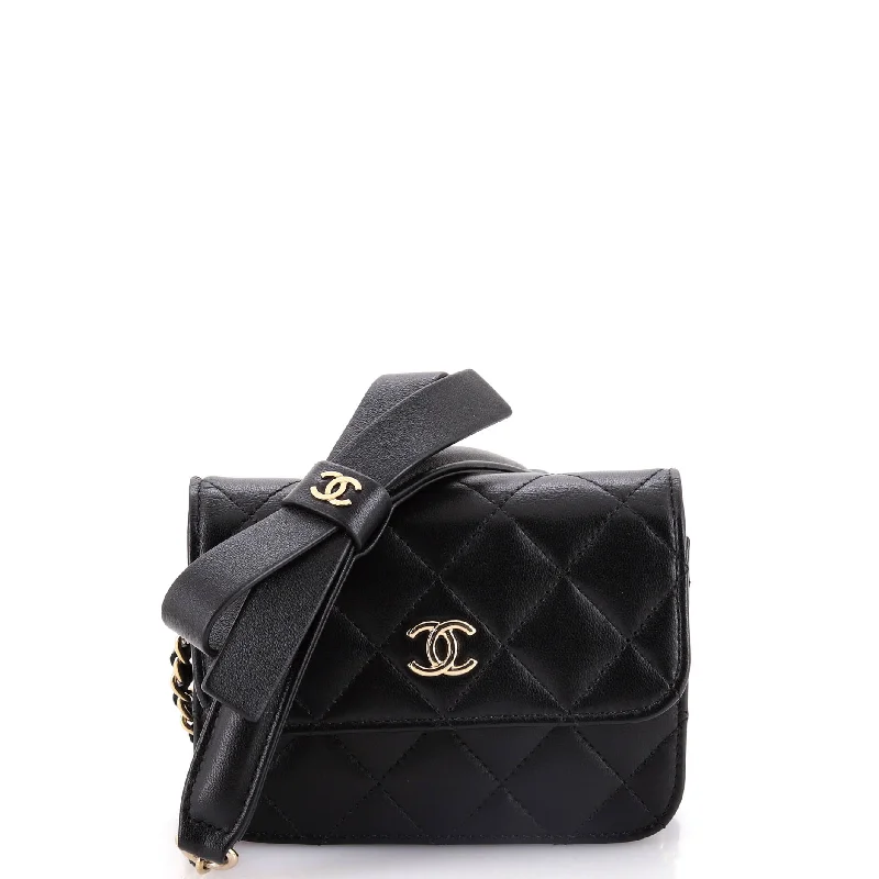 Chanel bags with intricate metal hardwareBow Strap Card Holder on Chain Quilted Lambskin