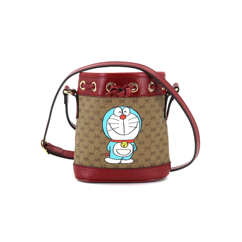 Women Gucci bags with a snap - button closure and a decorative charmGucci Doraemon Mini GG Supreme Bucket Bag Shoulder Brown Cherry Red 647801