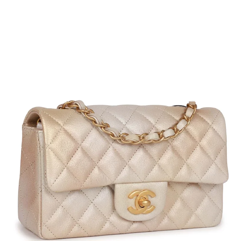 Chanel bags with iconic gold chainsChanel bags with iconic gold chainsChanel Mini Rectangular Flap Bag Beige Metallic Ombre Calfskin Aged Gold Hardware