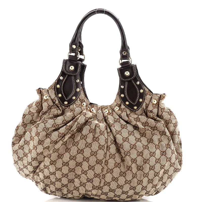 Women Gucci bags with a chain - link trim and a leather bodyPelham Tote Studded GG Canvas Large