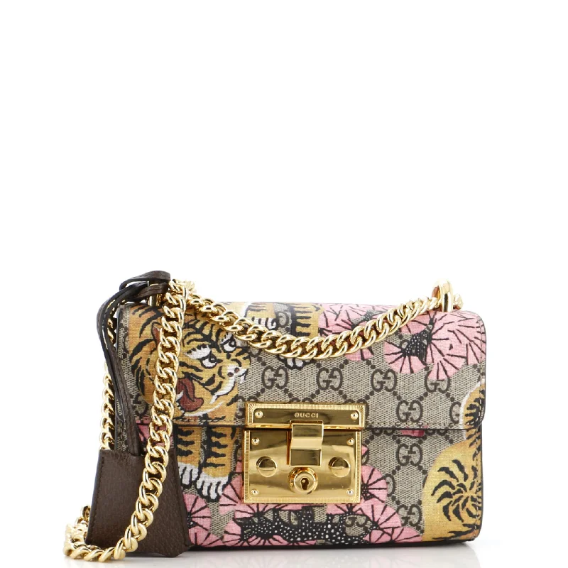 Women Gucci bags with a front - zip pocket for small itemsPadlock Shoulder Bag Bengal Print GG Coated Canvas Small