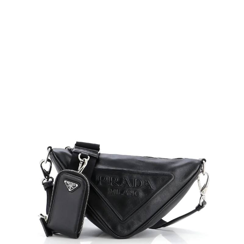 Ladies Prada shoulder bags with a wide - width strap for enhanced comfortTriangle Logo Zip Crossbody Bag Leather Small