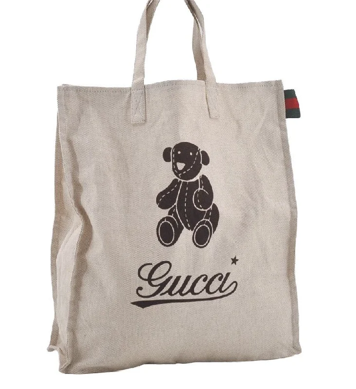 Women Gucci bags with a zip - around closure for securityAuthentic GUCCI Web Sherry Line Bear Hand Tote Bag Canvas 327237 White 6888I